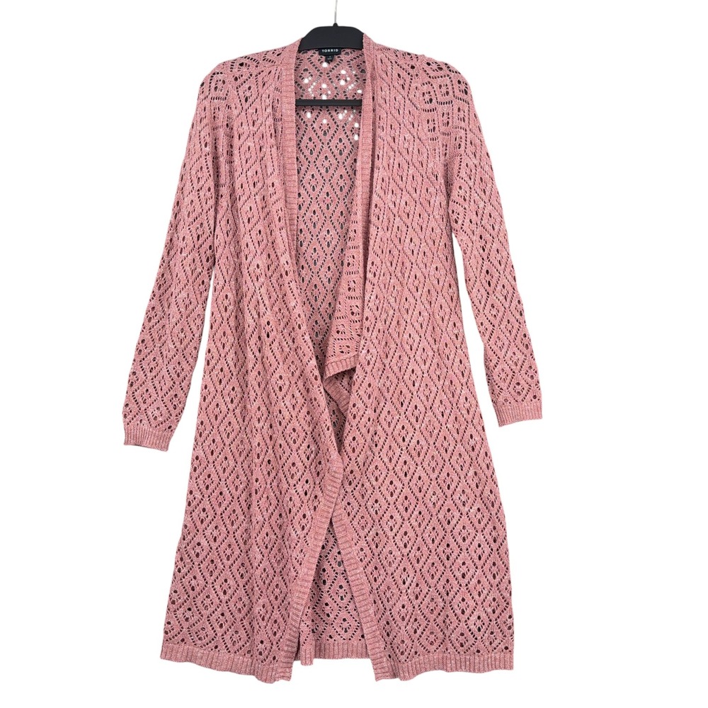 Torrid Pointelle Knit Open Front Cardigan Womens 1 Polyester Rayon Rose Pink